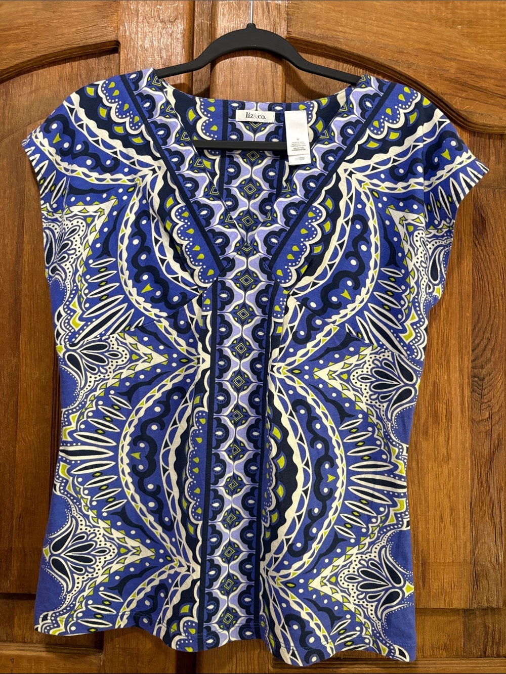 Liz Claiborne Blue, White & Yellow Geometric Cap-Sleeve Top